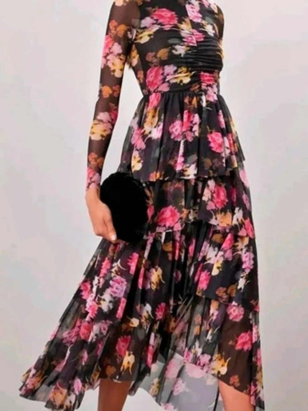 Ted Baker Tiloula Floral Ruched Long Sleeve Tiered Midi Dress Size 2 NWT